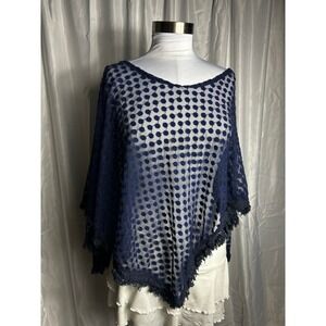 Free People Navy Blue Embroidered Floral Mesh Poncho Top Asymmetrical Boho
